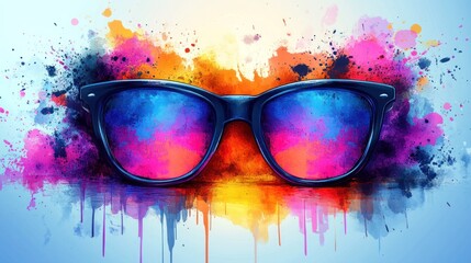 Colorful Sunglasses Reflection in Abstract Watercolor Splatter