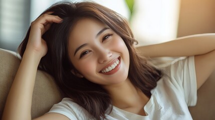 Naklejka premium Attractive young woman smiling with her hands behind her head