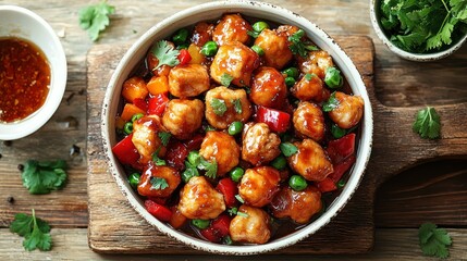 Sweet and savory chicken with peppers and peas in a glossy sauce