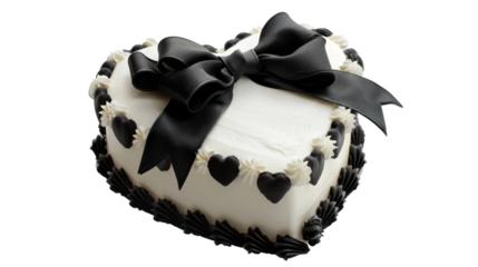 Heart shaped cake decorated with black ribbon and chocolate hearts on transparent background