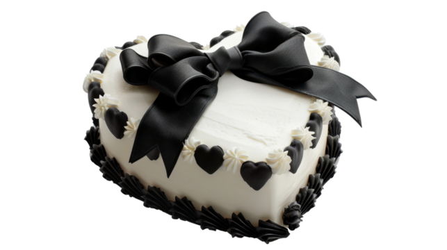 Heart shaped cake decorated with black ribbon and chocolate hearts on transparent background
