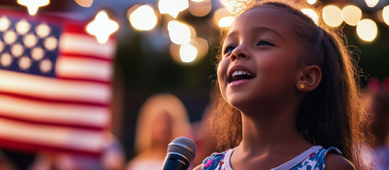 A young girl sings the national anthem at a community event