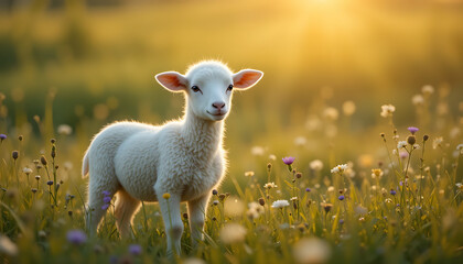 Obraz premium A gentle white lamb stands in a green meadow, surrounded by wildflowers. The soft golden light of sunrise casts a warm glow, symbolizing innocence, sacrifice, and the resurrection of Jesus.