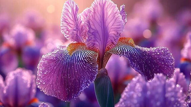 Vibrant purple iris flowers glistening with dew in a sunlit garden