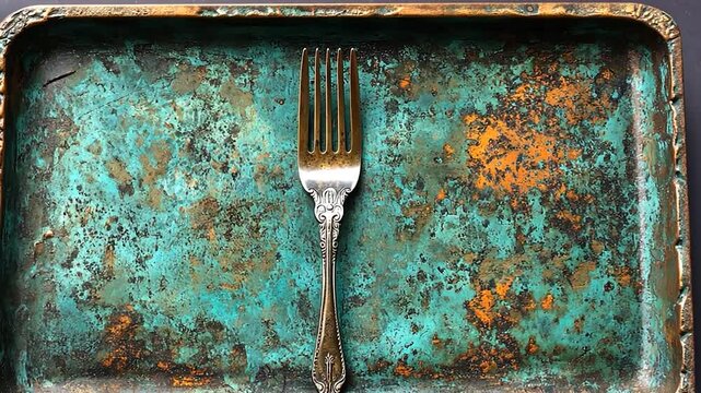 Vintage silver fork resting on a weathered turquoise tray background