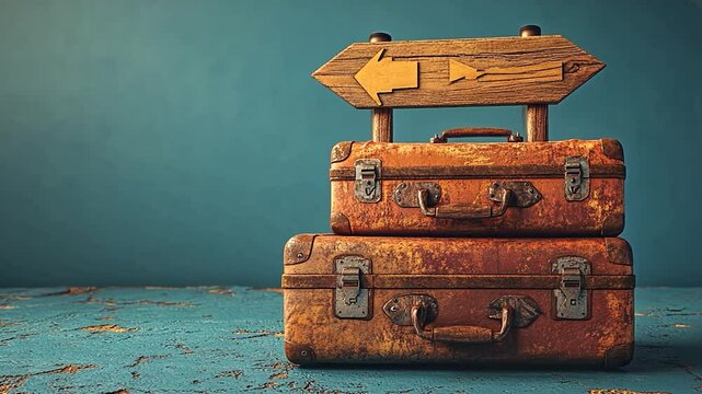 Vintage suitcases stacked with a directional wooden sign on top