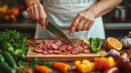Close-up of woman's hands cutting fresh vegetables on wooden board in modern kitchen