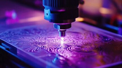 Laser Engraving Machine Creating Intricate Designs with Purple Light on a Clear Sheet