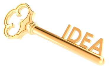 Idea concept with golden key, 3D rendering isolated on transparent background