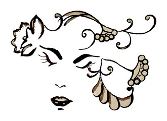 Watercolor drawing of a beautiful young woman's face. Illustration of a vector portrait of a girl on a white background.