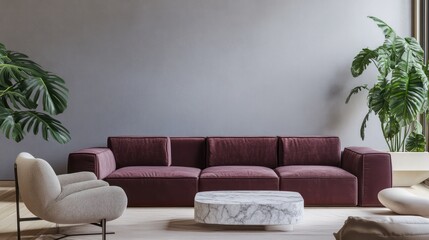 A sophisticated minimalist living room with a rich plum-colored sofa, contrasted with a wall painted in light slate gray and white