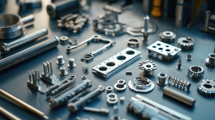 Fototapeta premium Collection of High-Precision Metal Parts and Engineering Components on Industrial Workbench Surface