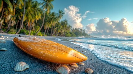 Tropical beach scene with orange surfboard resting on sandy shore near ocean waves and palm trees