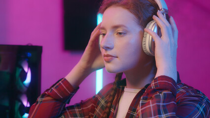 Close up Caucasian woman girl streamer gamer cyber gaming addiction female blogger influencer...