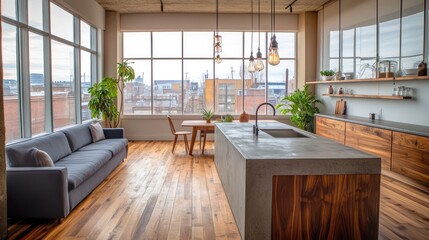 A sophisticated open-concept kitchen and living room with expansive windows and ample natural light