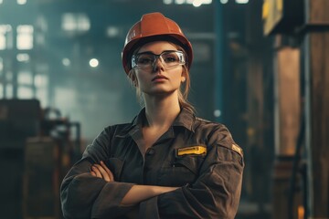 Fototapeta premium Portrait of a female engineer in a hard hat and glasses at a steel factory