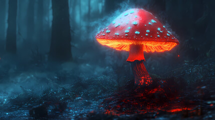A glowing red amanita muscaria mushroom with bioluminescent white spots stands out in a misty, neon-accented, futuristic forest, creating a surreal fantasy mushroom art. Radiant Fungal. Illustration