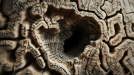 A photo image of a close-up view of a termite tunnel system in a decaying wooden beam with intricate mazes and patterns. Radiant Fungal. Illustration