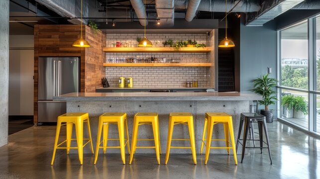 Modern office kitchen, concrete counter, yellow stools, city view