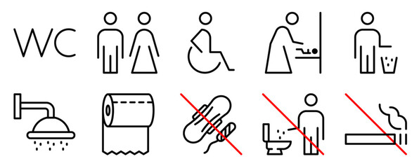 Toilet line icon vector set. WC sign. Baby changing room pictogram. Bathroom signage. No smoking, do not throw trash, sanitary pad, hygiene towel. Editable stroke. Vector 