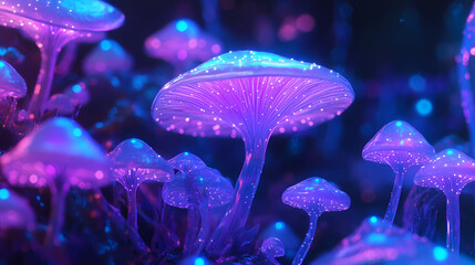 Bioluminescent alien landscape: neon fungal forest in vibrant blues and purples. Radiant Fungal. Illustration