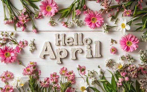Hello April Text Surrounded by Spring Flowers on White Wooden Background, Catalog Style
