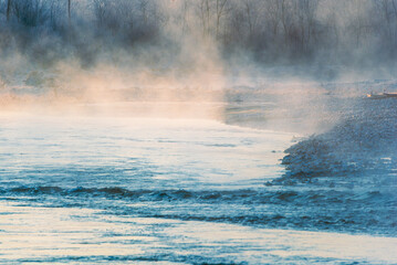 a winter foggy sunrise along the Ticino riverbank, Besate, Milano province