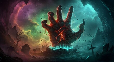 Raising Zombie Hand in Spooky Graveyard with Colorful Cosmic Sky