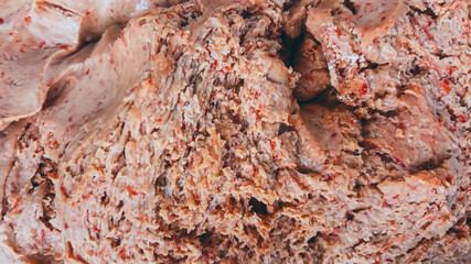 Traditional Anatolian and Balkan Tarhana dough soup made by fermenting and drying red pepper, onion and tomato