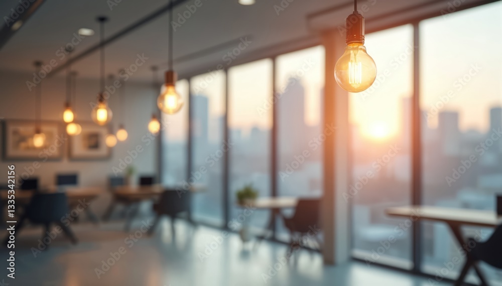 Poster blurred background of modern office interior with panoramic windows elegant lighting. open workspace