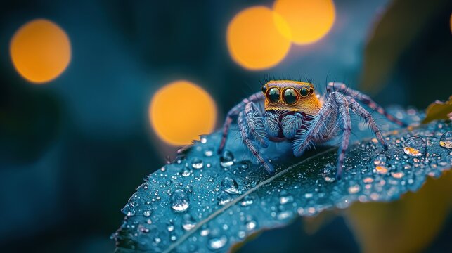 Vibrant blue spider on dew-kissed leaf at night - Powered by Adobe