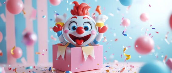 3D cartoon, a happy clown popping out of a gift box with confetti