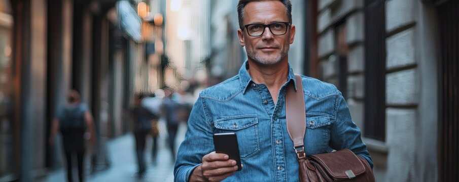 A middle aged man standing with phone and shoulder bag