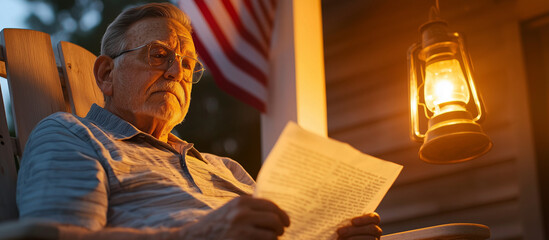 Veteran reading a letter by lantern on a nostalgic porch at dusk