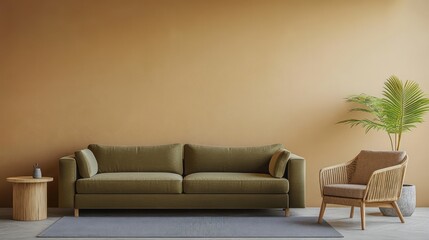 A stylish minimalist living room with an oversized olive-toned sofa, a matching armchair and side table in natural wood, placed against a warm tan-colored wall