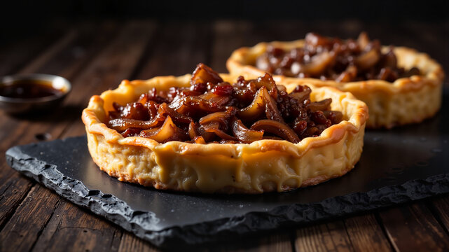 Homemade caramelized onion tart with crispy pastry crust on rustic wooden background - perfect for food blogs, restaurant menus, cooking websites, and gourmet recipe collections