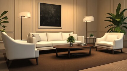 A stylish minimalist living room with a soft beige sofa, white armchairs, and a dark wood coffee table, set on a deep brown carpet rug