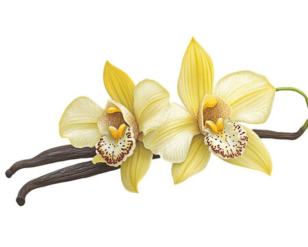 Two Yellow Vanilla Flowers with Brown Vanilla Pods on Transparent Background, PNG