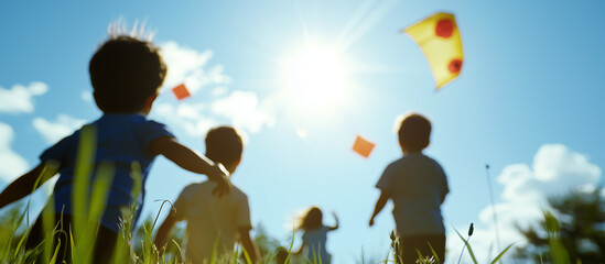 Kids flying kites in a sunny field for Memorial Day celebration
