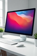 Fototapeta premium Sleek monitor, minimalist keyboard, clean desk White background , neutral, home office