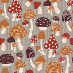 Seamless pattern with various hand drawn stilyzed mushrooms on grey stripes . Perfect for textile, fabric, wrapping paper, scrapbooking, home decor, backdrop, packaging, wallpaper, bedding, towels