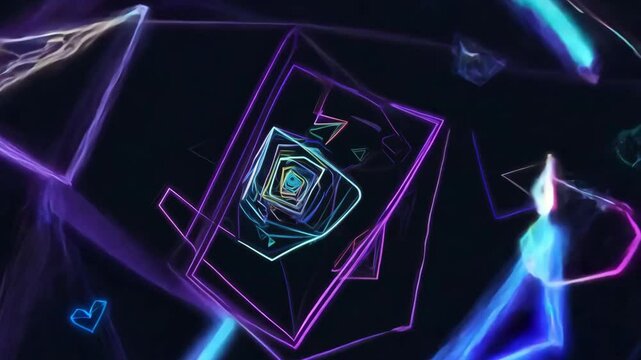 Abstract digital artwork with colorful geometric shapes on black background, featuring circles, squares triangles and stars