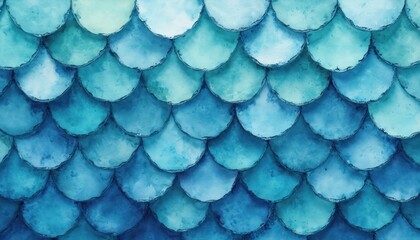 Watercolor fish scales in blue and teal gradient. Seamless pattern evokes aquatic marine nature with vibrant colorful texture, ideal background for artistic mermaid fantasy designs.