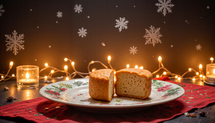 Festive plate with cut cake against winter snowflake background