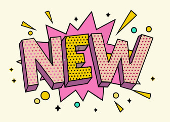 The word “new” in a brightly colored promotional headline