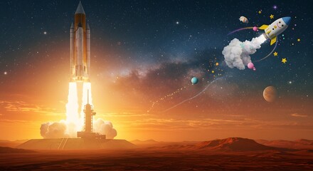 Obraz premium Rocket Launching with a Cartoon Rocket Ship Against a Starry Background