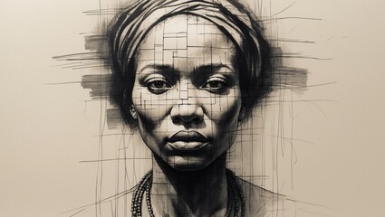 Ethereal pencil sketch of ancestral African women with fragmented faces, blending into a hazy abstraction on textured paper, created with expressive graphite strokes and bold black ink