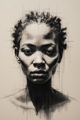 Ethereal pencil sketch of ancestral African women with fragmented faces, blending into a hazy abstraction on textured paper, created with expressive graphite strokes and bold black ink