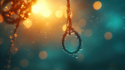 Water droplets cling to a dark metal ring, hanging against a bokeh backdrop of warm and cool tones