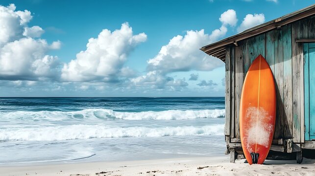 A surfboard resting against a beach shack with ocean waves